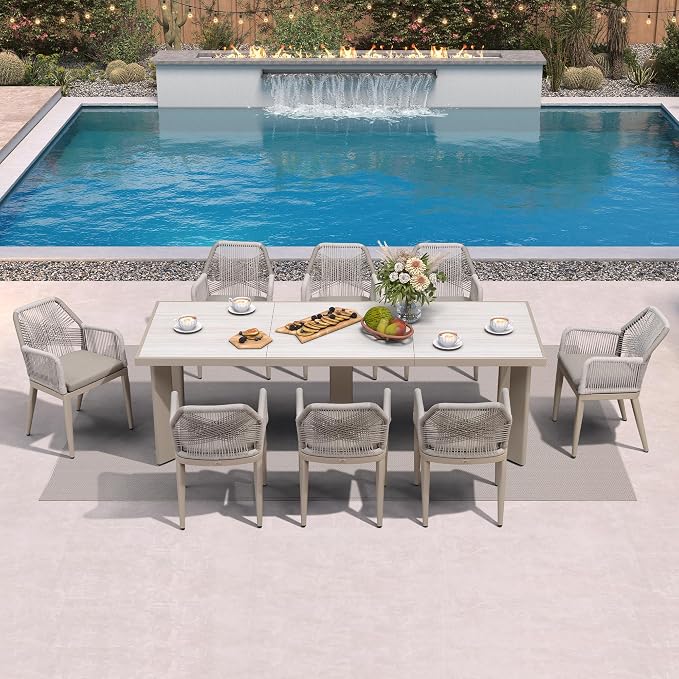 PURPLE LEAF 9 Pieces Patio Dining Set Aluminum Modern Rectangular Table and Rattan Arm Chairs with Cushions for Kitchen Porch Garden Outdoor Furniture Sets, Champagne - Image 2