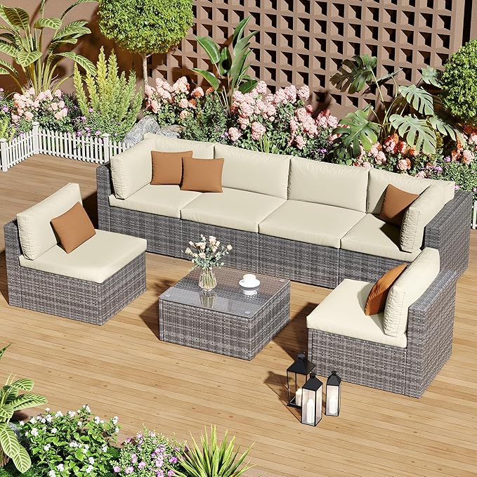 SUNVIVI OUTDOOR 7 Piece Patio Furniture Sets All Weather Gery PE Wicker Couch Sofa with Glass Table, Removable Beige Cushions, Brown Rattan