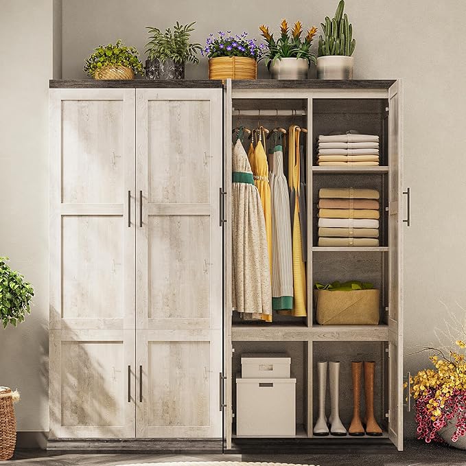 LIKIMIO Large Wardrobe Closet, Farmhouse Clothing Storage Cabinet with Hanging Rod and 2 Doors, Wooden Tall Bedroom Armoires with Storage Shelves, Rustic White