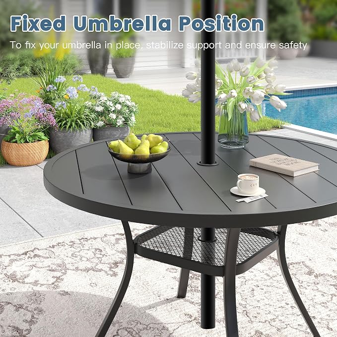 DIFY Outdoor Dining Set for 4, Patio Dining Furniture Set Includes 42" Black Round Table with Adjustable Umbrella Hole and 4 Blue Stackable Metal Chairs for Poolside, Garden, Backyard - Image 8