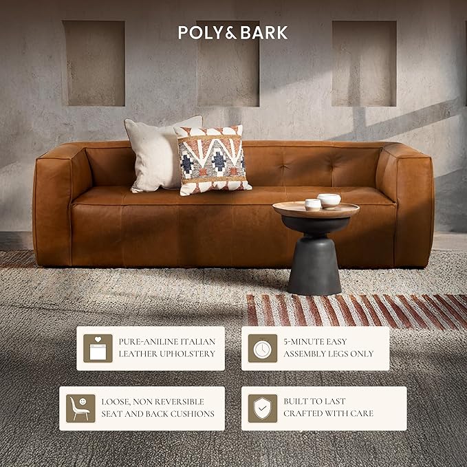 Poly & BARK Capa 92" Sofa – Saddle Tan Full-Grain Pure-Aniline Italian Leather, Boxy Modern Design, Feather-Fiber Cushions, Solid Wood Frame