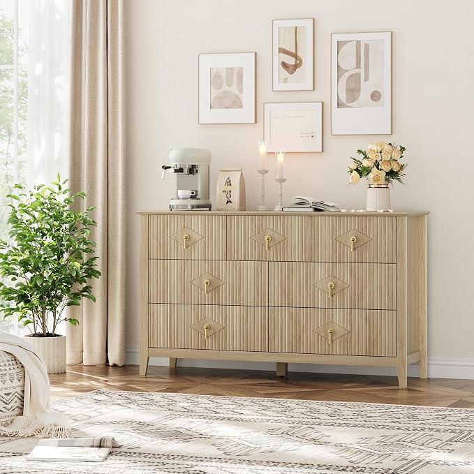 GarveeHome Fluted Dresser for Bedroom, 54 Inch Wide 7-Drawer Wood Dresser, Modern Chest of Drawers, Storage Organizer Cabinet for Living Room, Hallway, Entryway, Natural - Image 8