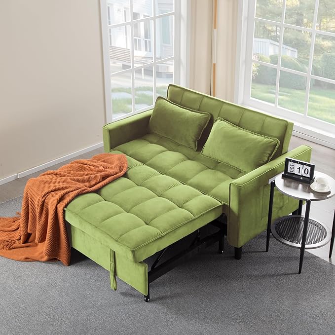 3 in 1 Convertible Sofa Bed, Love Seat Sleeper Bed with Side Pockets, Velvet Fabric Pull Out Couch with Adjustable Backrest for Living Room, Bedroom, Apartment, Olive Green