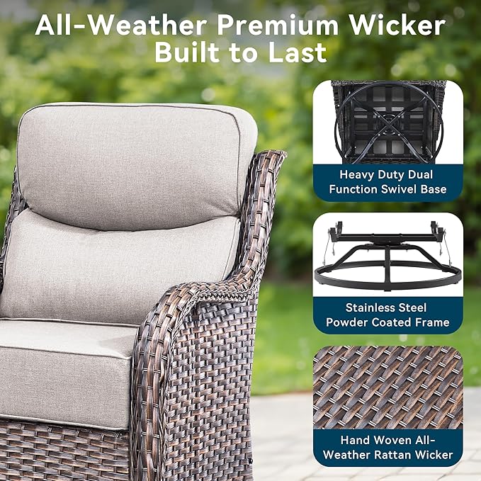 Luxury High Back Outdoor Furniture with 6-Inch Thick Cushions, Patio Furniture Set with Ottomans, 5 PCS Wicker Conversation Set for Porch, Balcony, Deck and Yard