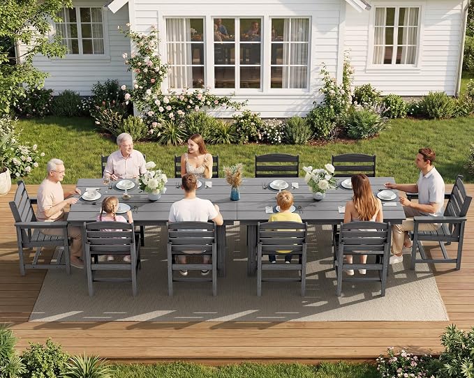 SERWALL Patio Dining Sets for 6 Person, HDPE Dining Set with 6 Armless Chairs, Gray - Image 9