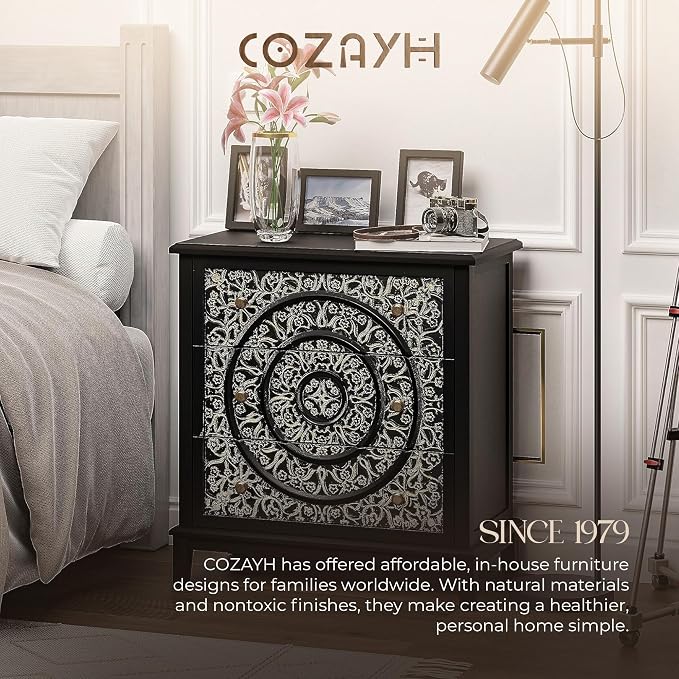 COZAYH 3-Drawer Fully-Assembled Flower Motif Dresser for French Country, Modern, Rustic Style, Distressed Finish, Gold & Black - Image 7