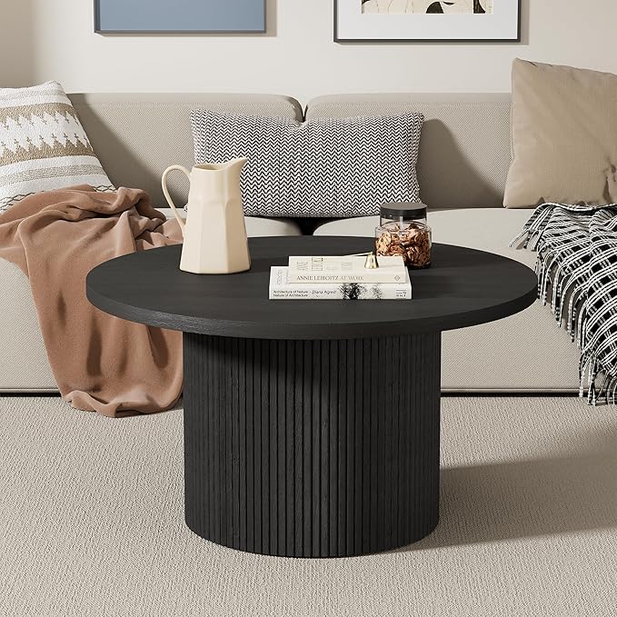 Round Coffee Table, 35.4" Circle Wide Coffee Table, Wood Table and Center Table for Living Room, Black