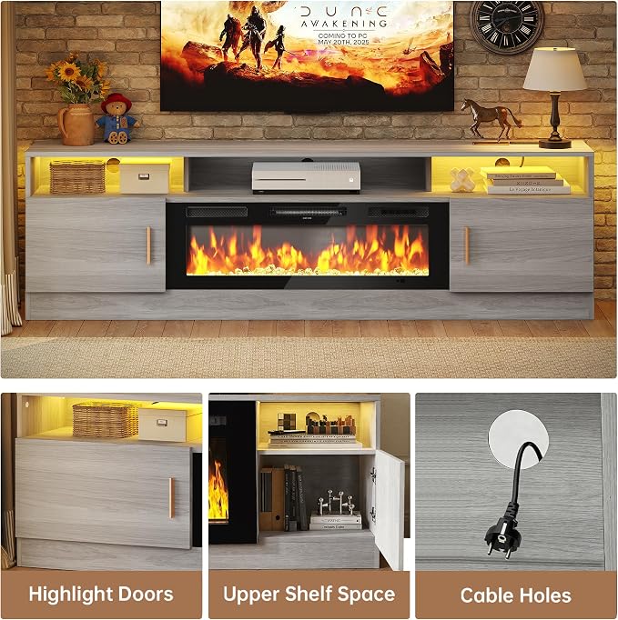 MXV 70" Fireplace TV Stand with Power Outlet for TVs UP to 80", Electric Fireplace Entertainment Center with LED Lights & Storage Cabinets, TV Console for Living Room, Office, Grey-Black - Image 4