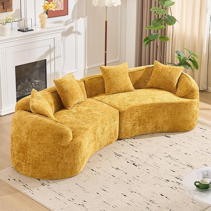 109-Inch Curved Boneless Sofa Couches Compressed 4-Seat Foam Couch for Living Room Bedroom, Boneless Modular Cloud Sofa Curved Floor Couch with 4 Pillows, No Assembly
