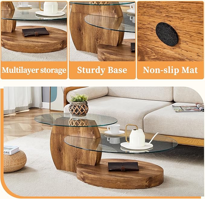 Ebullient Glass Coffee Table, 42" Round Coffee Table, 2-Tier Glass Tabletop with Dark Wood Base, Easy to Maintain and Assemble, Ideal for Dining Room, Living Room