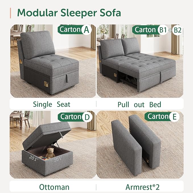 HONBAY Modular Sectional Sleeper Sofa with Pull Out Bed, L Shaped Couch with Storage Seat Sectional Couches for Living Room,Mid Grey
