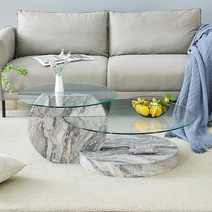 42" Glass Coffee Table, Round Coffee Table, 2-Tier Tempered Glass Tabletop with Grey Faux Marble Base, Modern Center Table for Living Room, Home, Apartment, Ideal for Small Space