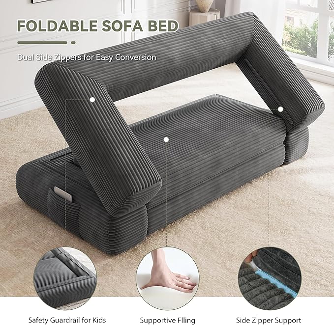 4-in-1 Convertible Folding Sofa Bed, 76 Inch Queen Size Foldable Sleeper Sofa Bed, Wide Corduroy Upholstery, Boneless Mattress Couch with Armrests & Neck Pillow for Living/Bedroom - Grey
