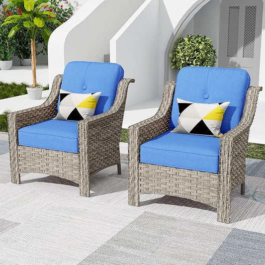 HOOOWOOO 2 Piece Patio Chairs Set,Outdoor Wicker Chairs,All Weather Resistant High Back Rattan Deck Chairs Matching Furniture(Diamond Blue)