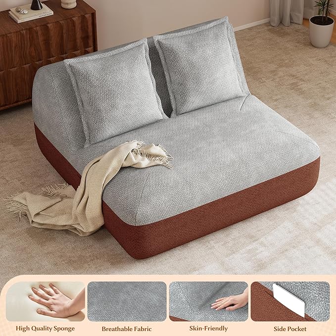 Hobestluk Small Couches for Small Spaces,42” Mini Loveseat Sofa 2-Seater Armless Sofa Chair with Side Pocket for Living Room,Bedroom,Dorm,Office (Terracotta+Light Grey)