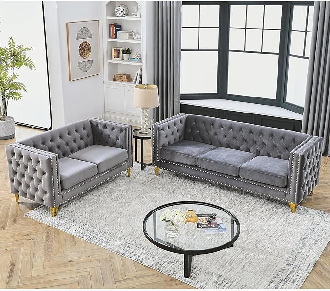 KEIKI Tufted Velvet 3+2 Seat Sofa Couch for Living Room, Buttons Tufted Square Arm Couch for Home Apartment, Gray