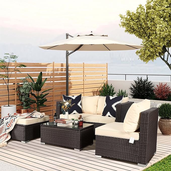 PAOLFOX5 Piece Rattan Patio Furniture Set, Outdoor Patio Conversation Set with Table,Soft Cushion and Backrest,Modern Chairs and Table Sets,Outdoor Furniture for Porch, Garden, Lawn,Grey/Beige
