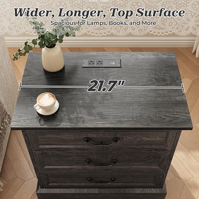 Huuger Nightstand with Charging Station, 3 Drawer Night Stand Set of 2, 22 Inch Wider Side Table with Storage, Farmhouse Nightstand with Vintage Handles, Thicken Base, for Bedroom, Black - Image 7