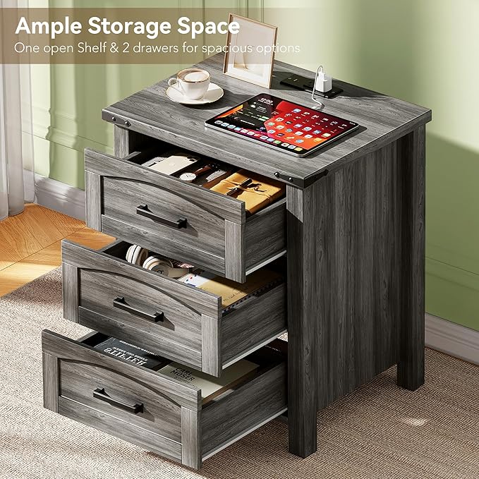 Decofy Farmhouse Nightstand Set of 2 with Charging Station, 18'' Wide Rustic End Table with USB/Type-C Ports, 3 Drawers, Wood Bedside Table for Bedroom, Grey Oak - Image 4