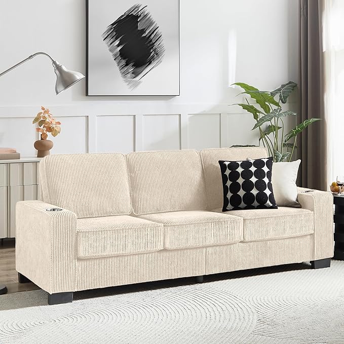 83" Modern Cloud Sofas for Living Room Bedroom, 3 Seat Modular Couch Soft Corduroy Upholstered Loveseat Couches with Cupholders for Home Apartment Office Studio