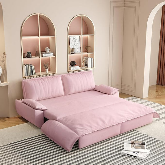3-in-1 Convertible Sofa Bed Queen Size Pull Out Sleeper Sofa with Heavy Duty Metal Frame, Luxurious Velvet Upholstered Loveseat with 2 Pillows, Modern Folding Guest Bed for Living Room, Apartment