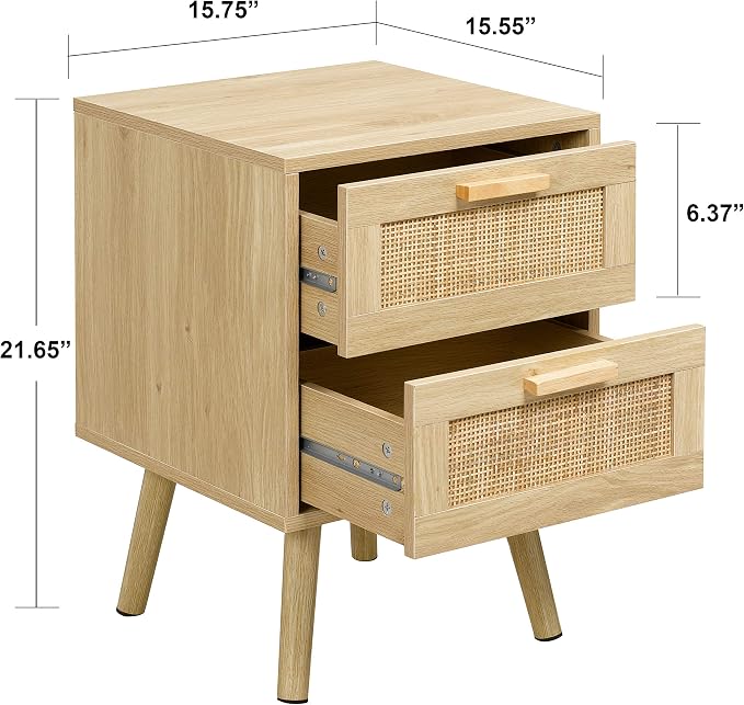 Finnhomy Nightstand, End Table, Side Table with 2 Hand Made Rattan Decorated Drawers, Wood Accent Table with Storage for Bedroom, Natural (Patented) - Image 2