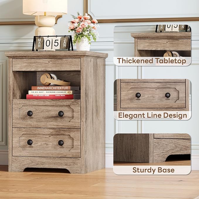LIKIMIO Nightstand Set of 2, Night Stand with Pull Out Tray, Wooden Bedside Table with 2 Drawers and Open Shelf, Side Table for Bedroom, Grey - Image 7