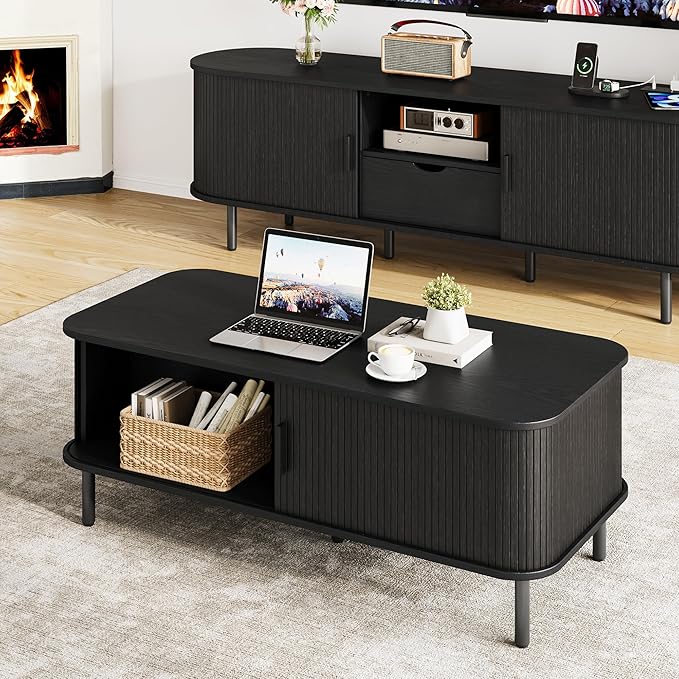 Coffee Table with Storage, 47.2" Mid Century Modern Coffee Tables for Living Room, Rectangle Wood Center Table with Sliding Tambour Door & Adjustable Leg for Living Room, Black