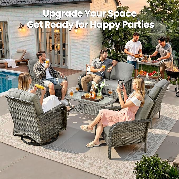 Weaxty 7 Pieces Patio Furniture Set,Wicker Outdoor Swivel Rocking Chairs,Rattan Loveseat Couch,Coffee Table,Patio Sofa Conversation Sets for Deck Backyard Porch Poolside, Dark Gray