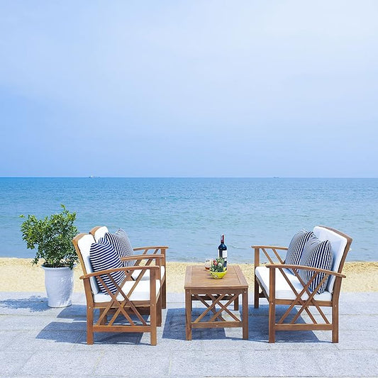 SAFAVIEH Outdoor Collection Fontana Natural/ Beige Cushions/ Thin Stripe Pillows 4-Piece Conversation Patio Set