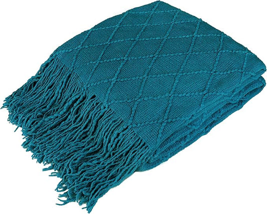 PAVILIA Teal Blue Knit Throw Blanket for Couch Bed, Soft Knitted Farmhouse Sofa Throw for Living Room, Lightweight Decorative Summer Throw Blanket for Chair, Outdoor Textured Boho Blanket, 50x60