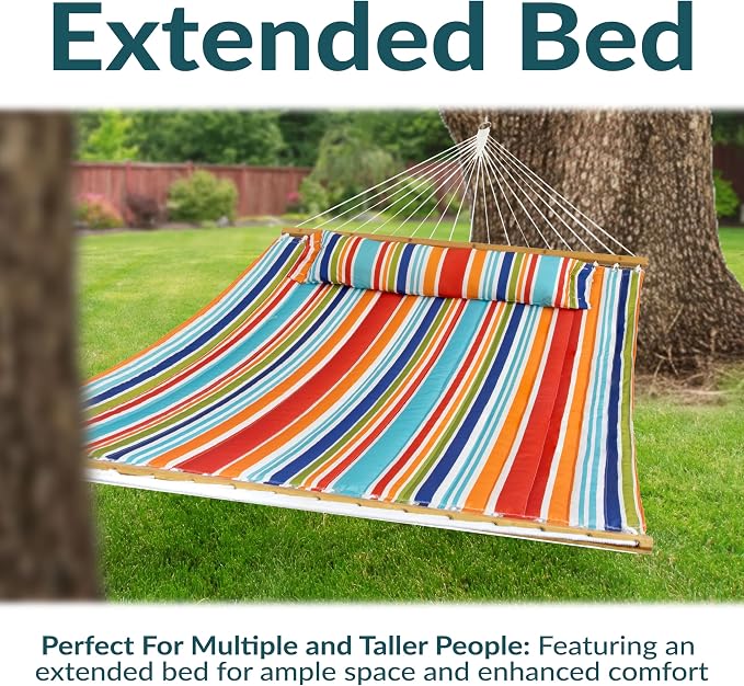 Sunnydaze Extra Large Quilted Hammock with Spreader Bars - 2-Person Hammock for Outside - Caribbean Stripe - Image 4