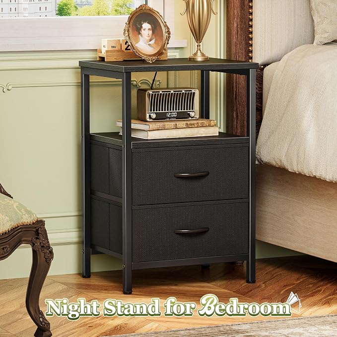 Huuger Night Stand with 2 Drawers, Bed Side Table with Open Shelf, Wooden Top, Nightstand for Bedroom, End Table for Small Space, Fabric Drawer, Black - Image 4