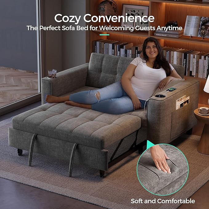 LINSY 54" Pull Out Couch with Charging Station, Small Sleeper Sofa Bed with Cup Holder, 3 in 1 Convertible Loveseat Sleeper Couch for Apartment, Dorm Room, Bedroom and Small Space, Gray