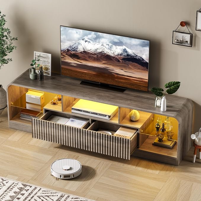 TV Stand for 60/65/70 Inch TVs, Modern Curved TV Console with LED Lights, 2 Drawers & Glass Shelves, Living Room Entertainment Center - Image 5