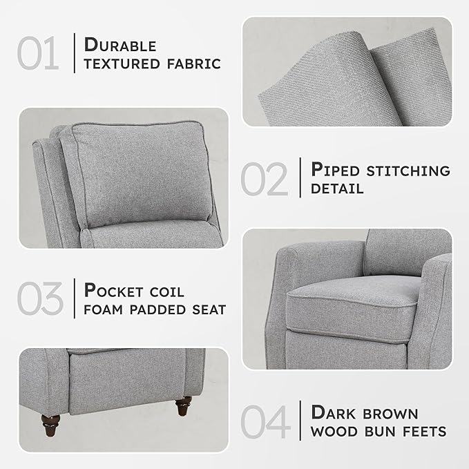 Lexicon Push Back Recliner Chair Living Room, Reclining Sofa Chair, Modern Recliner, Fabric Recliner Arm Seat for Living Room/Office/Apartment, Gray