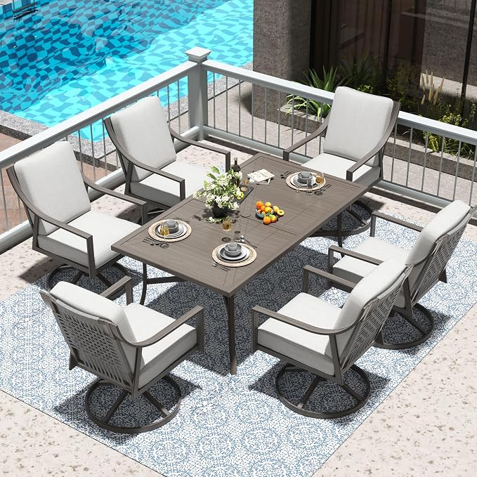 NATURAL EXPRESSIONS 7 Piece Patio Dining Table Outdoor Furniture Set for 6, 6Pcs Swivel Patio Dining Chairs with Olefin Cushions, 65”Large Dining Table with Umbrella Hole - Image 2