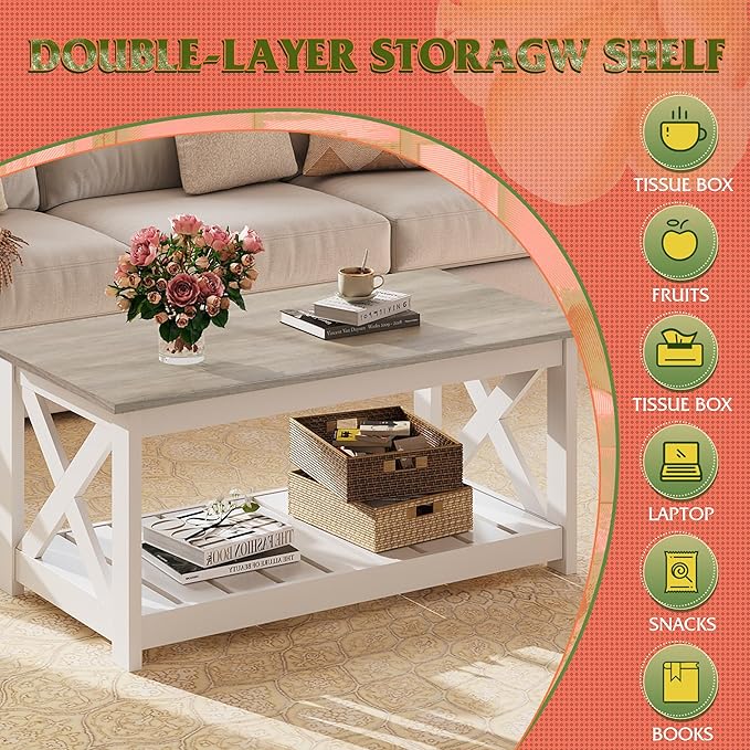 WLIVE Farmhouse Coffee Table for Living Room, 40.1" Rustic Center Table with X-Frame Support & Storage Shelf, 2-Tier Wood Coffee Tables for Bedroom & Balcony, White
