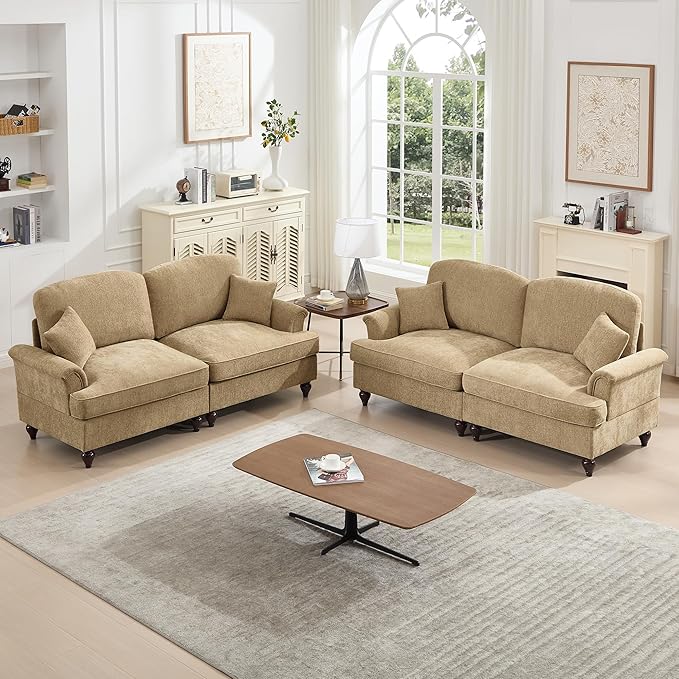 KEIKI Mid Century Modular Sofa with Flared Arms and Skirted Design, 76" Loveseat Chenille Sectional Couches Set for Living Room, Soft Apartment Size Couch, Home Sofa Bedroom Furniture, Light Coffee