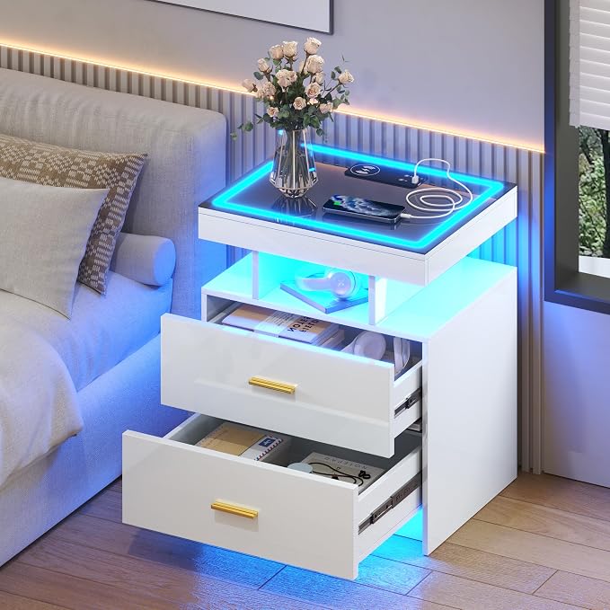 LED Nightstand Set 2 with Wireless Charging Station,White Night Stand with 2 Drawers,Glass Top Smart Bedside Table,Modern End Table Side for Bedroom,Living Room,Office - Image 8