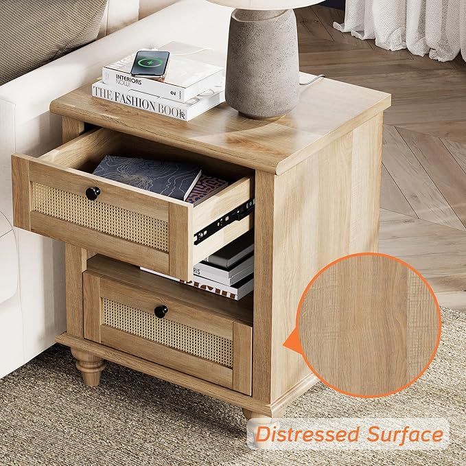 WAMPAT 3 Piece Bedroom Set - Includes Bedroom 8 Drawer Dresser, Set of 2 Bedside Tables with Charging Station & Rattan Drawer, 3 Piece Dresser and Nightstand Sets, Oak
