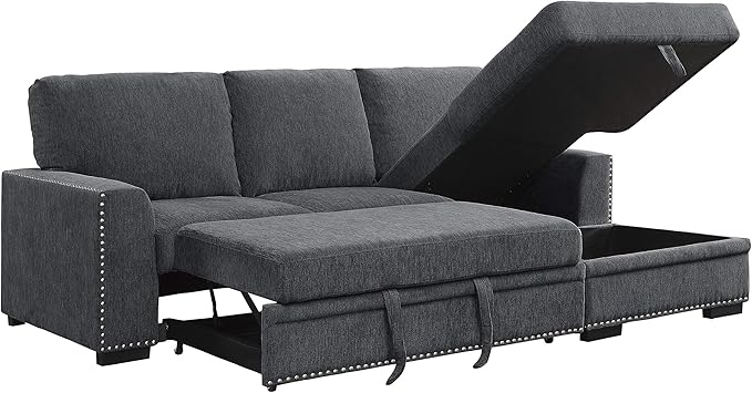 Lexicon Mid Century Modern Sectional Sleeper Sofa Bed Couch with Storage Chaise, Sectional Sofa Pull Out Couch Bed, Sectional Couch Lounge Sofa for Living Room Apartment, Right Side Chaise, Charcoal