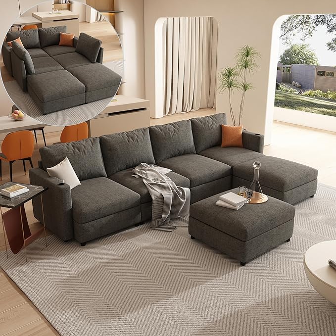 ERYE Oversized Chenille Upholstered Modular Storage Sectional Sofa Couch W/2 Movable Ottomans & Cupholders, U-Shaped Free Combined Sofa Couch Convertible Sleeper Sofabed for Living Room Apartment