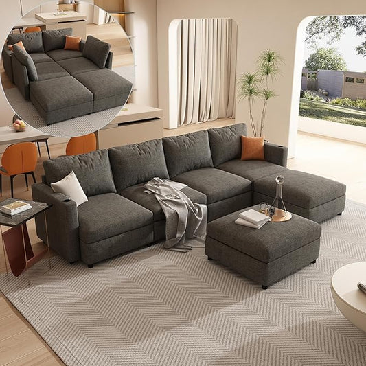ERYE Oversized Chenille Upholstered Modular Storage Sectional Sofa Couch W/2 Movable Ottomans & Cupholders, U-Shaped Free Combined Sofa Couch Convertible Sleeper Sofabed for Living Room Apartment