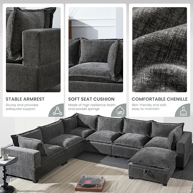 Ball & Cast Oversized U Shaped Sectional Couch with Movable Storage Ottoman,7 Seat Chenille Upholstered Sectional Sofa w/9 Pillows,DIY Combination,Wide Seat Couches for Living Room,Office,Gray