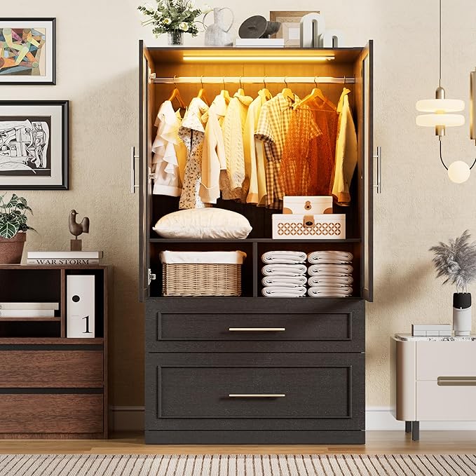 PAKASEPT Armoire Wardrobe Closet Door and Drawers, Bedroom Closet Wardrobe Cabinet with Hanging Rod, Lighted Freestanding Armoire Storage Cabinet for Bedroom Cloakroom (Black)