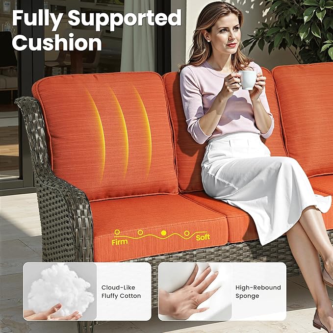 ovios 6-Piece Patio Furniture Set with Swivel Chairs Coffee Table, Outdoor Wicker Sofa with Comfy Cushions, High Back Couch Modern Conversation Sets, Brown/Orange Red