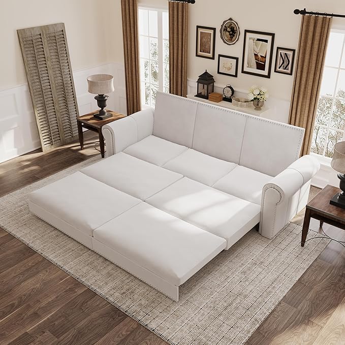 Eafurn 93.7" King Size Pull Out Sofa Bed, 3-in-1 Convertible Sleeper Sofa Couch Bed with Nailhead Decor and Rolled Arms, Velvet Oversized Chesterfield Loveseat Chaise Lounge