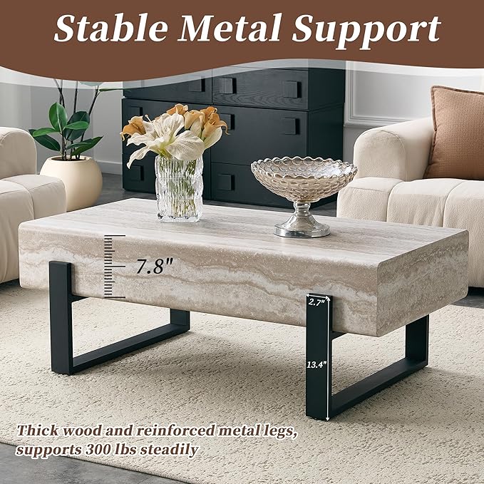 Modern Marble Coffee Table for Living Room Stone Travertine Coffee Tables Rectangle Center Table with Metal Legs