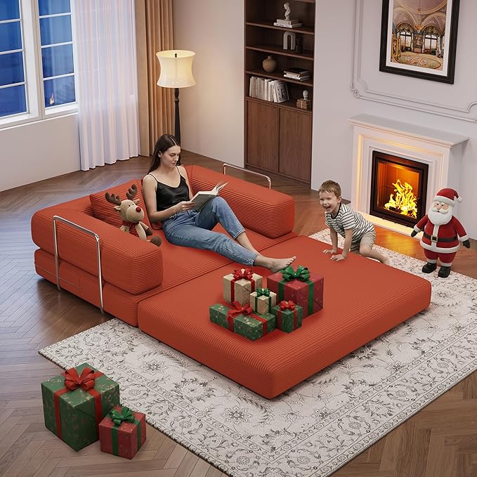 Folding Sofa Bed, 4 in 1 Convertible Sofas to Lounger Comfy Single Bean Bag Chair Floor Portable Foldable Sleeper Lazy Futon Couch Chair for Bedroom, Living Room (Orange, 53.15" Double Sofa)